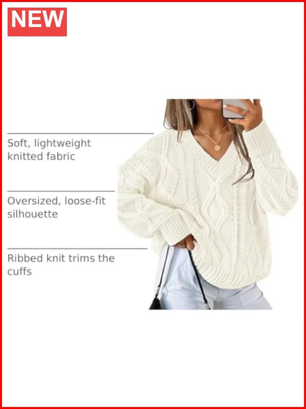 Cable Knit V-Neck Oversized Sweater Long Sleeve Pullover